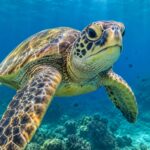 turtle, ocean, nature, animal, underwater, coral reef, swimming, sea turtle, natural habitat, sunlight, ecosystem, environment, adventure, travel, biology, animal behavior, conservation, water, depths, peaceful